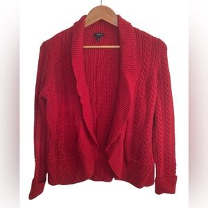 Talbots MediumGarnet Red Cable Knit Open Front Cardigan Sweater Lambswool Nylon
